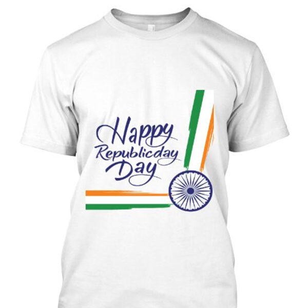 White Republic Day T-shirt with “Happy Republic Day” text, Indian tricolor stripes and Ashoka Chakra design, patriotic Republic Day T-shirt for men and women