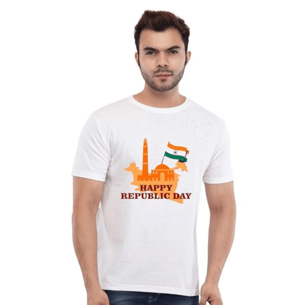 Men wearing white Republic Day T-shirt with Indian flag and monument design for 26 January celebration